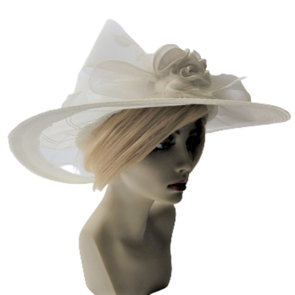 White Satin Ribbon Bows Rosettes Large Wide Brim Hat One Size Fits All - Picture 8 of 12